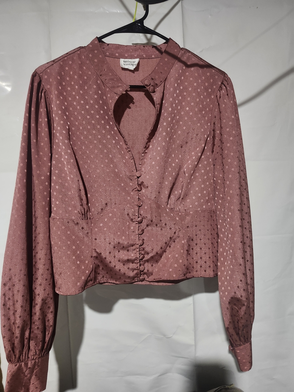 Unique Vintage Mauve Polka Dot Button-Front Long Sleeve Top